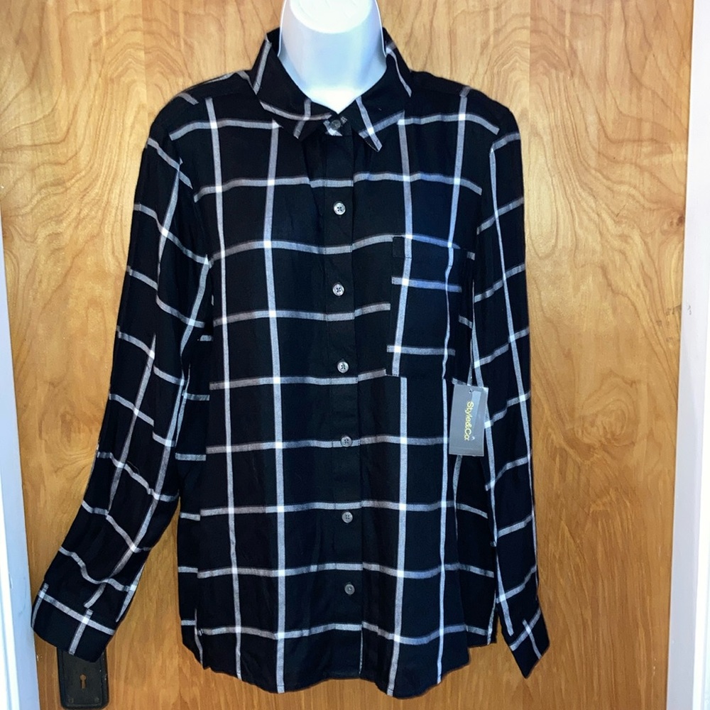 Style & Co. Black & White Plaid Dark Academia Button Up Shirt - Size Large